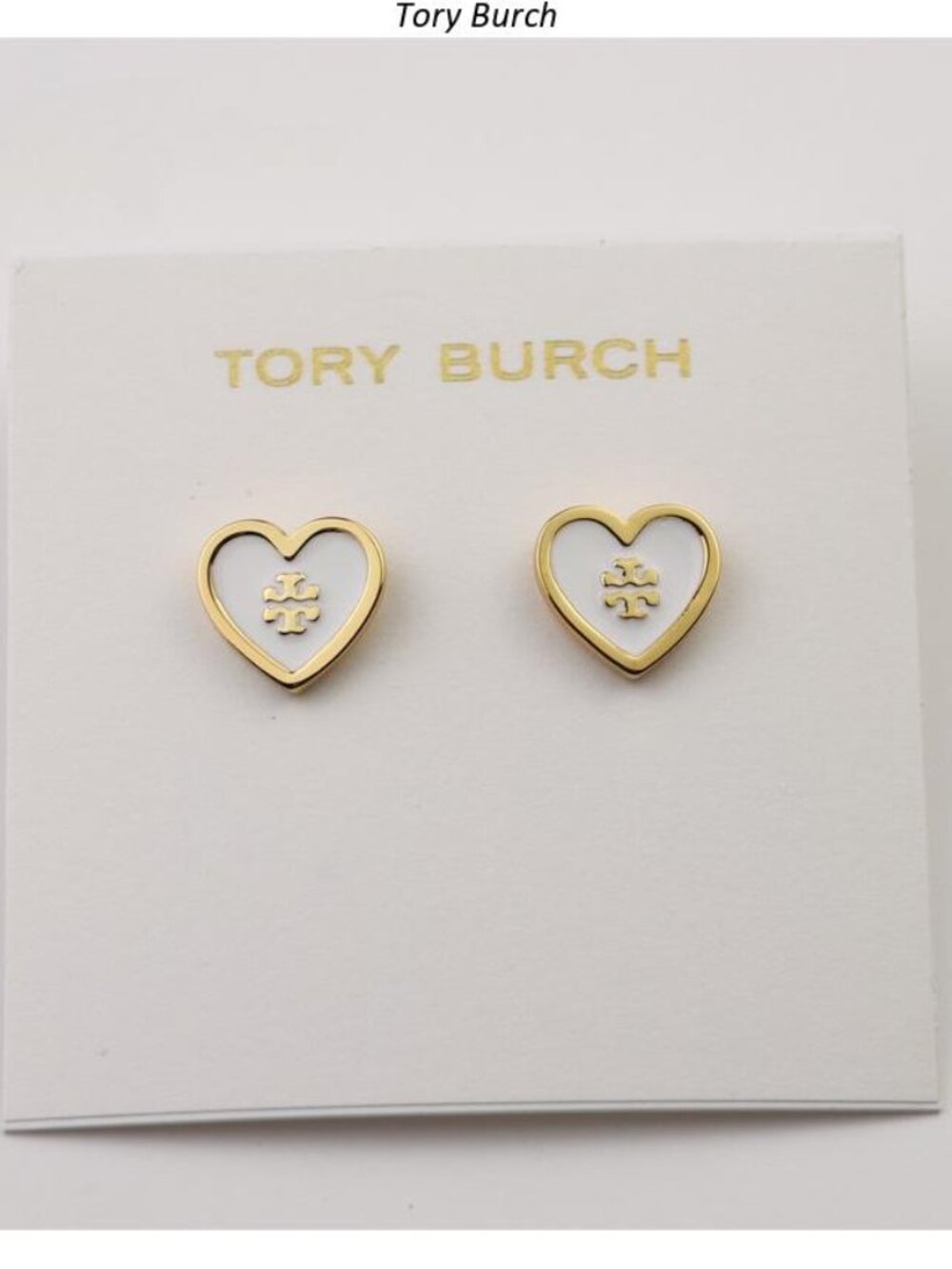 Tory Burch White and Gold Heart Logo Stud Earrings